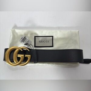 Gucci LADIES’ BLACK LEATHER BELT  GOLD GG BUCKLE 400593 80/32 (27”-32”) NEW NWT